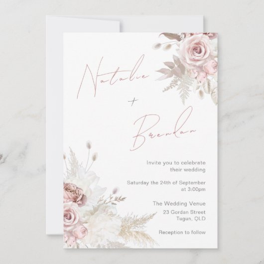 Dusty Roos & Ivory Modern Script Floral Wedding Kaart (Voorkant)