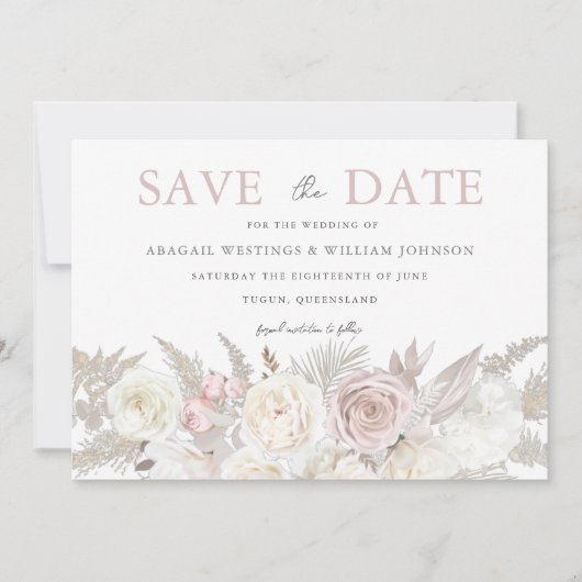 Dusty Roos & Ivory White Floral Wedding Save The Date (Voorkant)