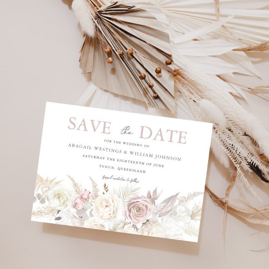 Dusty Roos & Ivory White Floral Wedding Save The Date