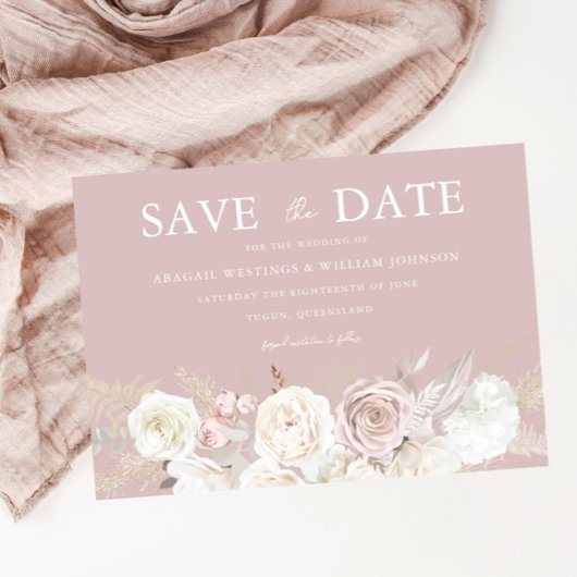 Dusty Roos & Ivory White Flowers Wedding Save The Date