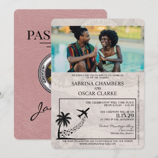 Dusty Roos Jamaica Passport Wedding Invitation Kaart (Voorkant / Achterkant)