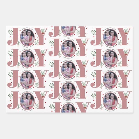 Dusty roos Joy en berries kerstfeestfoto Inpakpapier Vel (Voorkant)