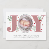 Dusty roos Joy First-kerstfoto baby geboorte Aankondiging (Voorkant)
