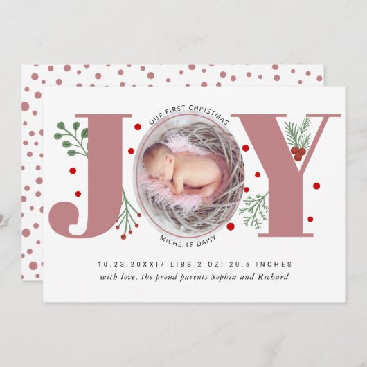 Dusty roos Joy First-kerstfoto baby geboorte Aankondiging (Voorkant / Achterkant)