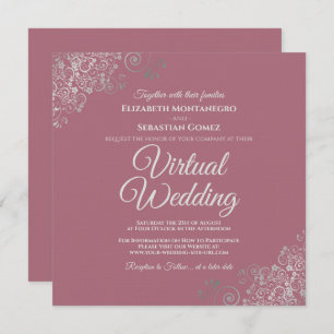 Dusty Roos & Lacy Silver Elegant Virtual Wedding Kaart