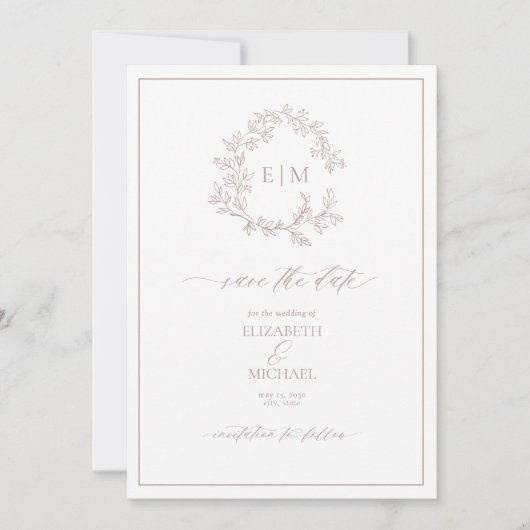 Dusty Roos Leafy Crest Monogram Save the Date Kaart (Voorkant)