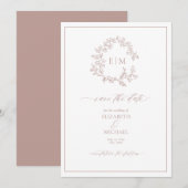 Dusty Roos Leafy Crest Monogram Save the Date Kaart (Voorkant / Achterkant)