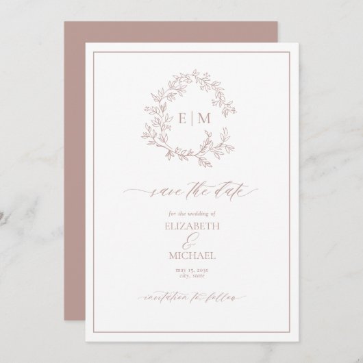 Dusty Roos Leafy Crest Monogram Save the Date Kaart (Voorkant / Achterkant)