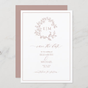 Dusty Roos Leafy Crest Monogram Save the Date Kaart