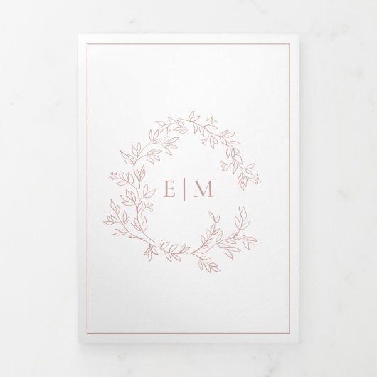 Dusty Roos Leafy Crest Monogram Weddenschap Drieluik Uitnodiging (Cover)