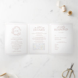 Dusty Roos Leafy Crest Monogram Weddenschap Drieluik Uitnodiging