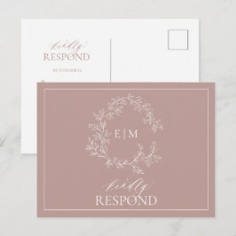 Dusty Roos Leafy Crest Monogram Weddenschap RSVP Uitnodiging Briefkaart