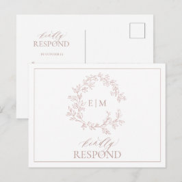 Dusty Roos Leafy Crest Monogram Weddenschap RSVP Uitnodiging Briefkaart