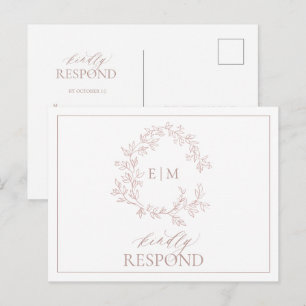 Dusty Roos Leafy Crest Monogram Weddenschap RSVP Uitnodiging Briefkaart