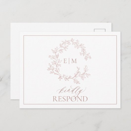 Dusty Roos Leafy Crest Monogram Weddenschap RSVP Uitnodiging Briefkaart (Voorkant / Achterkant)