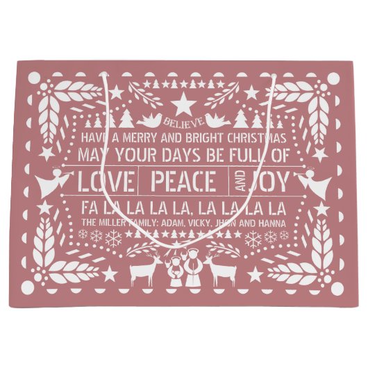 Dusty roos Love Peace Joy papel picado Kerstmis Groot Cadeauzakje (Voorkant)