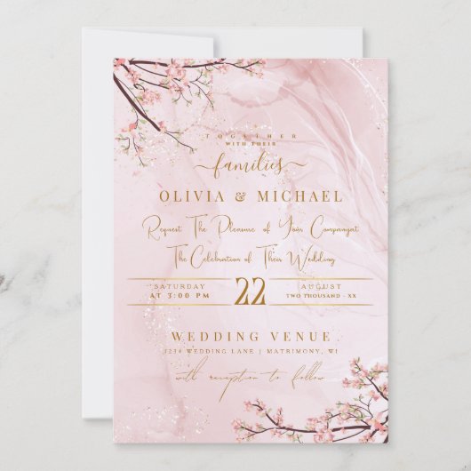 DUSTY ROOS MARBLE GOLD ABSTRACT FLORALS WEDING KAART (Voorkant)