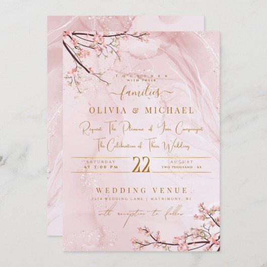 DUSTY ROOS MARBLE GOLD ABSTRACT FLORALS WEDING KAART (Voorkant / Achterkant)