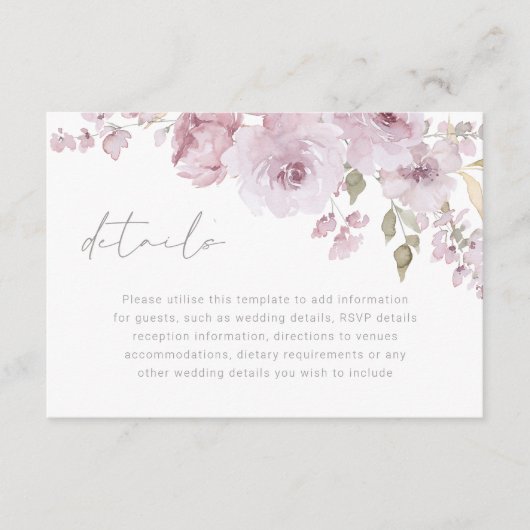 Dusty Roos Mauve Blush Bloemen Trouwdetails Informatiekaartje (Voorkant)