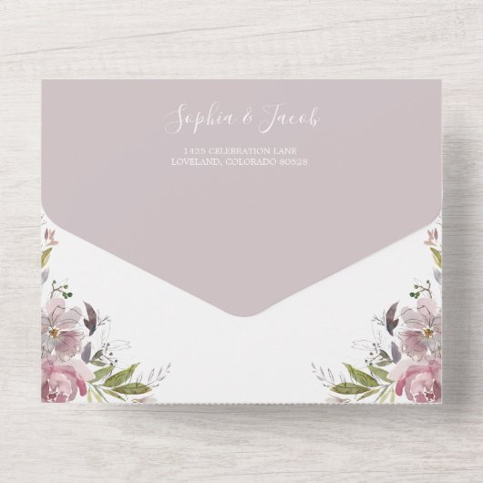 Dusty Roos Mauve Blush Pink Floral Wedding All In One Uitnodiging (Achterkant)