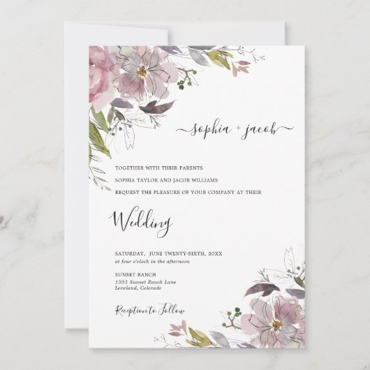 Dusty Roos Mauve Blush Pink Floral Wedding Kaart (Voorkant)