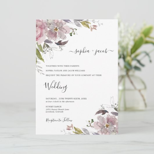 Dusty Roos Mauve Blush Pink Floral Wedding Kaart (Staand voorkant)