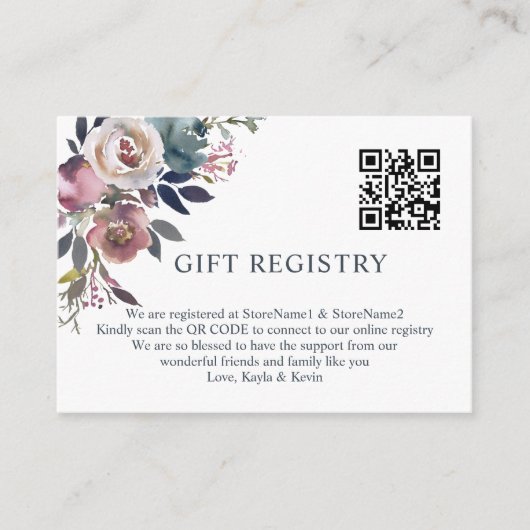 Dusty Roos Mauve Navy Blue QR code GIFT Registry Informatiekaartje (Voorkant)
