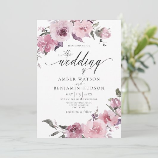 Dusty Roos Mauve Pink Blush Floral Wedding Kaart (Staand voorkant)
