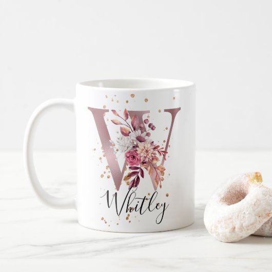 Dusty Roos Mauve Pink Floral Monogram Letter W Koffiemok (Met donut)