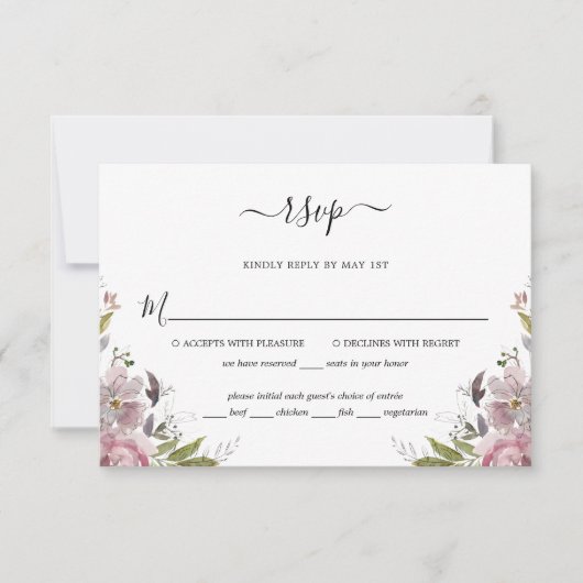 Dusty Roos Mauve Pink Floral Wedding RSVP Kaartje (Voorkant)