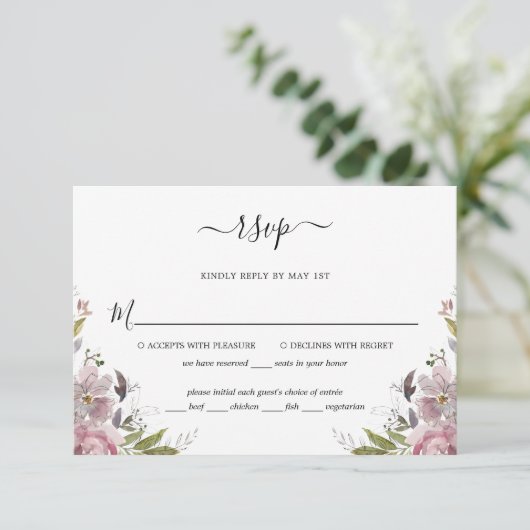 Dusty Roos Mauve Pink Floral Wedding RSVP Kaartje (Staand voorkant)