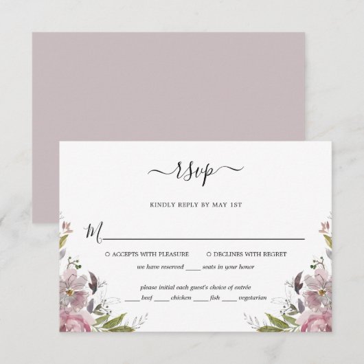 Dusty Roos Mauve Pink Floral Wedding RSVP Kaartje (Voorkant / Achterkant)