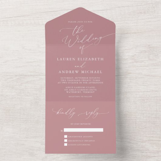 Dusty Roos Minimalist Wedding All In One Uitnodiging (Binnen)