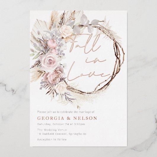 Dusty Roos Modern Boho krans Herfst in liefde brui Folie Uitnodiging (Voorkant)