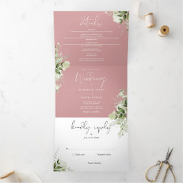 Dusty Roos Modern Botanical Greenery Photo Wedding Drieluik Uitnodiging