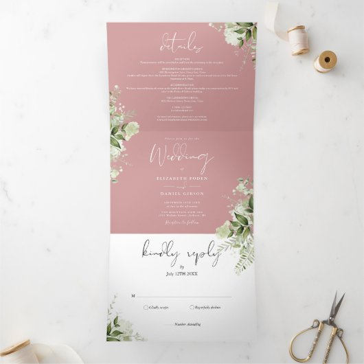 Dusty Roos Modern Botanical Greenery Photo Wedding Drieluik Uitnodiging (Binnen)