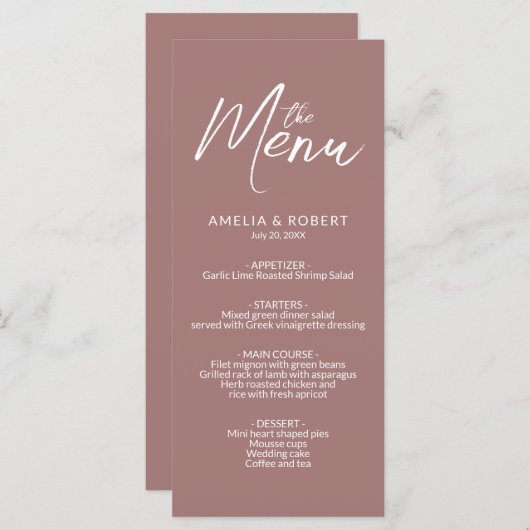Dusty Roos Modern Elegant Simple Wedding Menu (Voorkant / Achterkant)