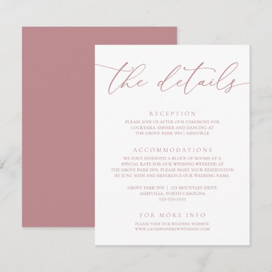 Dusty Roos Modern Minimalist Wedding Informatiekaartje (Voorkant / Achterkant)