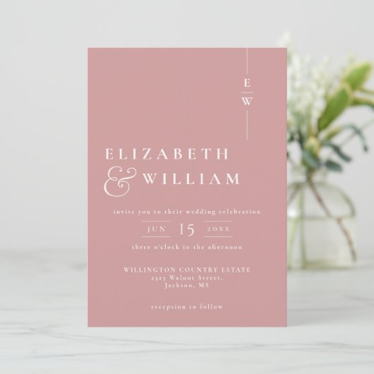 Dusty Roos Modern Monogram Wedding QR Code Kaart (Staand voorkant)