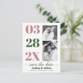 Dusty roos, moss green twee foto Save the Date Briefkaart (Staand voorkant)
