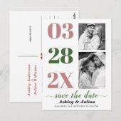 Dusty roos, moss green twee foto Save the Date Briefkaart (Voorkant / Achterkant)