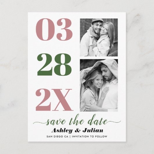 Dusty roos, moss green twee foto Save the Date Briefkaart (Voorkant)