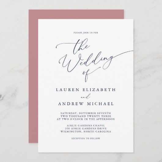 Dusty Roos & Navy Blue Wedding Invitation Kaart (Voorkant / Achterkant)
