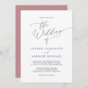 Dusty Roos & Navy Blue Wedding Invitation Kaart