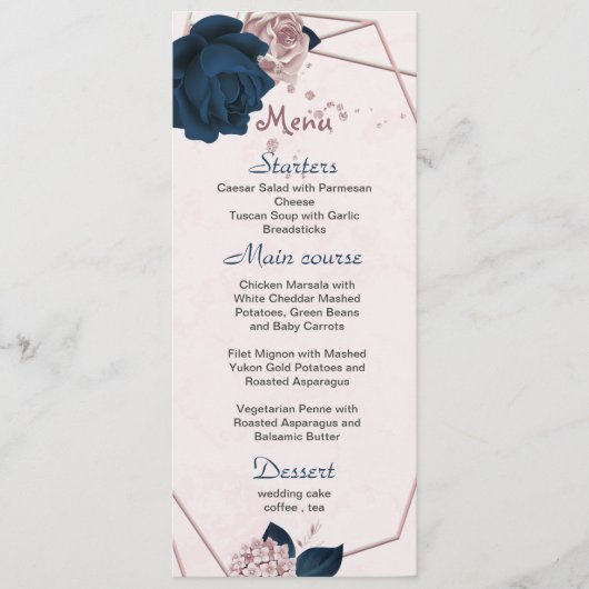Dusty roos & Navy Flowers Geometrische bruiloft Menu (Voorkant)