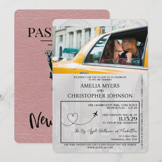 Dusty Roos New York Passport Wedding Kaart (Voorkant / Achterkant)