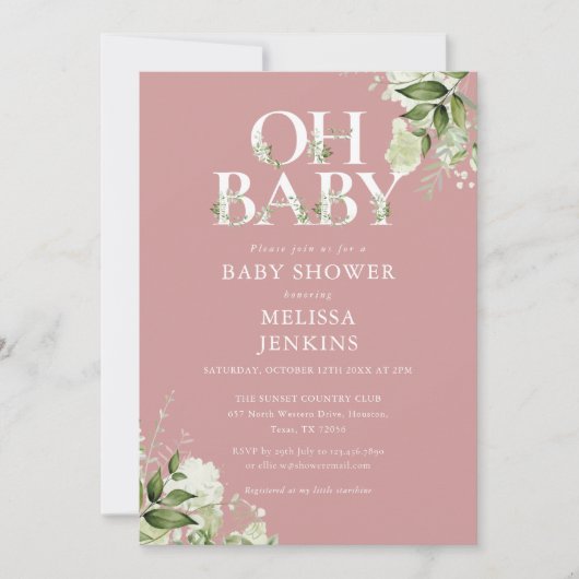 Dusty Roos Oh Baby Botanical Greenery Baby shower Kaart (Voorkant)