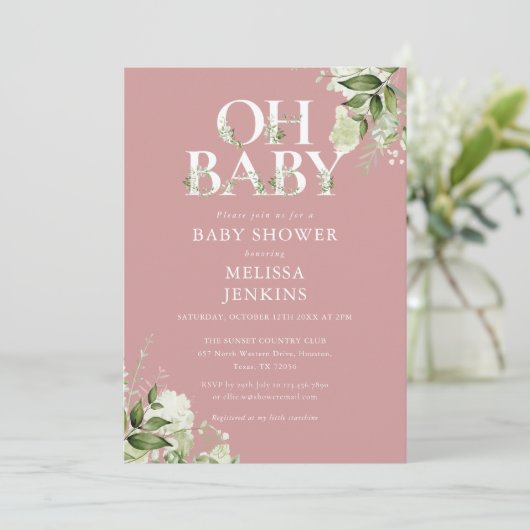 Dusty Roos Oh Baby Botanical Greenery Baby shower Kaart (Staand voorkant)