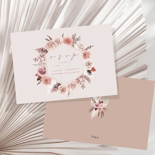 Dusty Roos Pampas Boho Wedding RSVP Kaartje