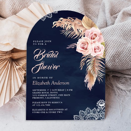 Dusty Roos Pampas Grass Arch Navy Vrijgezellenfees Kaart